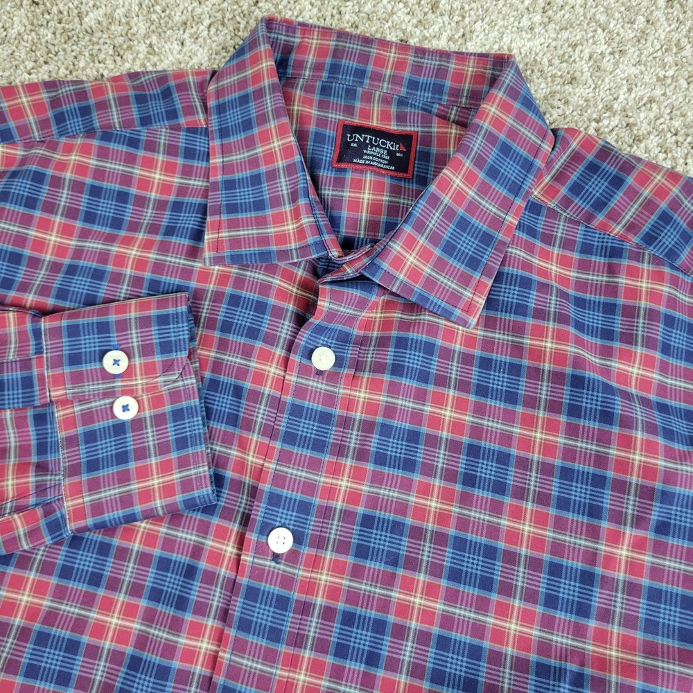 Untuckit Wrinkle Free Mens Large Red‎ Blue Plaid Button Up Long Sleeve